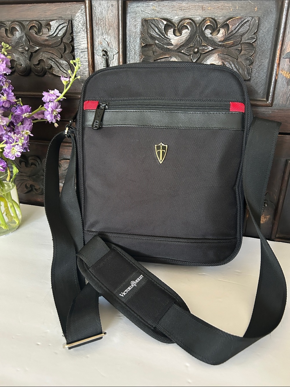 Victoria Tourist Black Messenger Bag with Red Accent Strip